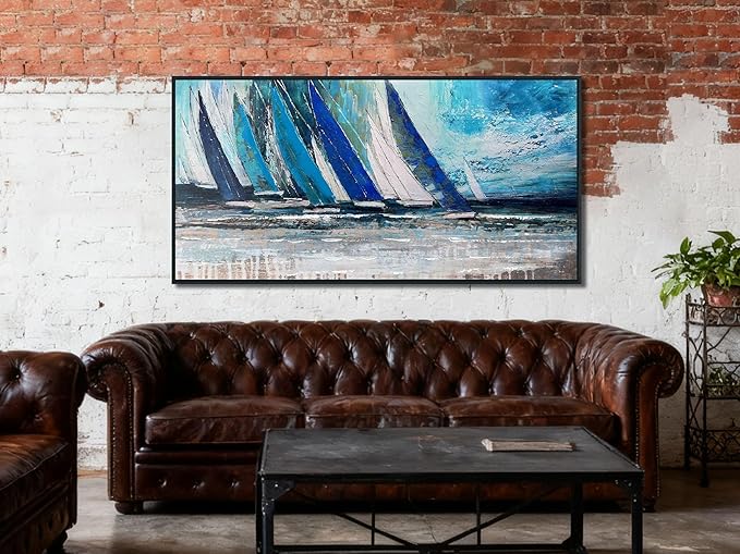 Arjun Framed Wall Art Blue Extra Large Abstract Wall Art Canvas for Living Room, Teal Coastal Nautical Sailboat Picture Painting Artwork Bedroom Home Office Wall Decor, Black Wood 58"x29"