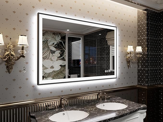 LED Bathroom Mirror 44x28 with Backlit and Front Lighted, Framed Dimmable Illuminated Mirror for Wall Anti-Fog Shatterproof (Horizontal/Vertical)