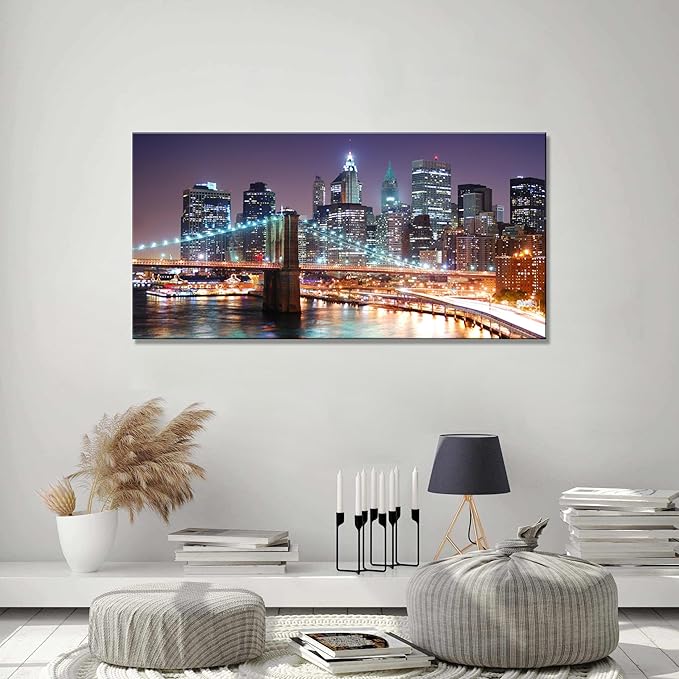 NAN Wind 1PCS New York City Skyline Canvas Wall Art Brooklyn Bridge at Sunset Golden Hour Manhattan Cityscape Pictures Canvas Artwork East River Reflection Modern Urban Home Decor Living Room Office