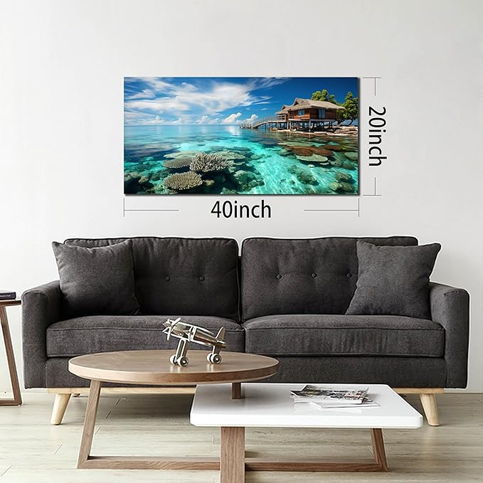 Ocean Scenic Canvas Wall Art, Blue Seascape Wall-Decor Picture , Ocean Scenery Canvas Decoration, Coastal Landscape Print Decorative Artwork for Home living Room Bedroom and Office, Size 40x20 Inches