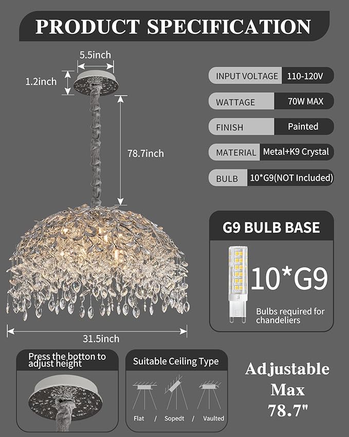 Modern Crystal Chandelier for Dining Room, 31.5" 10-Light Chrome Tree Branch Chandeliers, Luxury K9 Crystal Round Chandeliers for Kitchen Island Living Room