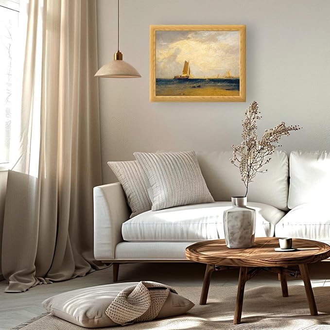 Brivoria Framed Canvas Wall Art Vintage Decor, Romantic Seascape with Sailing Ship Golden Light Ocean View and Coastal Sky for Living Room Statement Wall or Nautical Gallery Display, 16"x20"