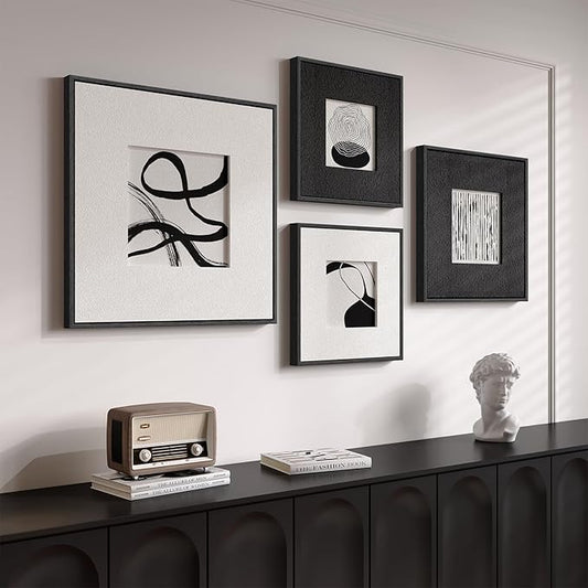 3D Textured Framed Black and White Abstract Wall Art for Living Room, 4 Piece Modern Artwork for Walls, Black White Minimalist Wall Paintings for Hallway Office Wall Decor