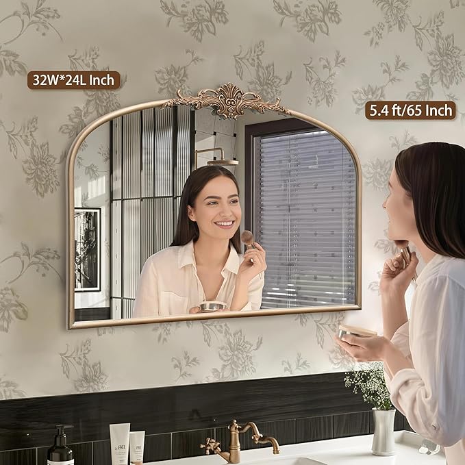 Arched Vintage Gold Mirror: 32"x24" Large Champagne Gold Antique Wall Mounted Mirror - Baroque Traditional Ornate for Fireplace/Bathroom/Living Room - Christmas Idea Gifts for Women