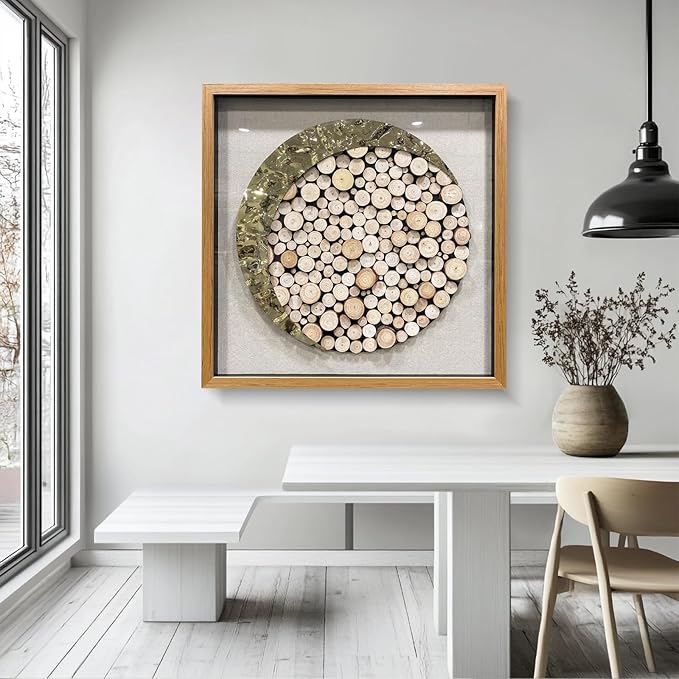 BrightA 3D Square Framed Nature Art - Gold Patina Metal Meets Circular Solid Wood Block Texture, Minimalist Contrast Wall Decor for Calming Spaces 31.5"x31.5"