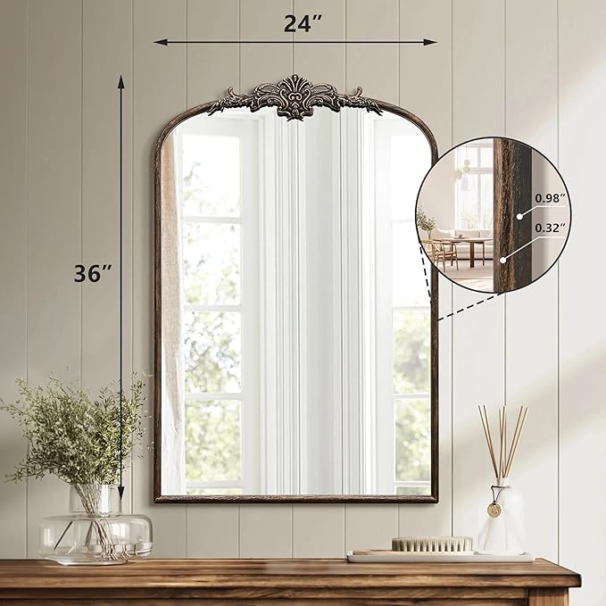 Antique Baroque Arched Mirror: 24"x36" Arch Black Vintage Wall Mounted Mirror - Traditional Ornate Home Decor for Entryway/Fireplace/Bathroom - Idea for Young Couples