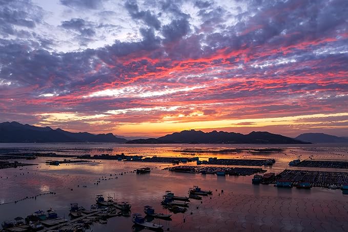 Oriental Beauty: Stunning Feng Shui Landscape Wall Art Prints for Home Decor in 3 Sizes (Serene Sunset Over a Coastal Fishing Village, 24" x 36")
