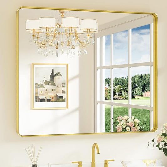 Keonjinn Gold Bathroom Mirrors for Over Sink 42” x 36” Large Brushed Brass Metal Framed Mirror, Rounded Rectangle Bathroom Vanity Mirror, HD Tempered Glass Modern Mirror for Wall(Horizontal/Vertical)