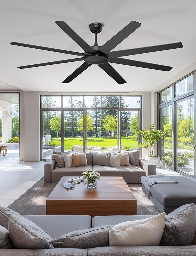 72'' Large Ceiling Fans No Lights, Modern Black Ceiling Fan Remote/APP Control, Quiet DC Motor Big Ceiling Fan for Shop Garage Covered Outdoor Patios