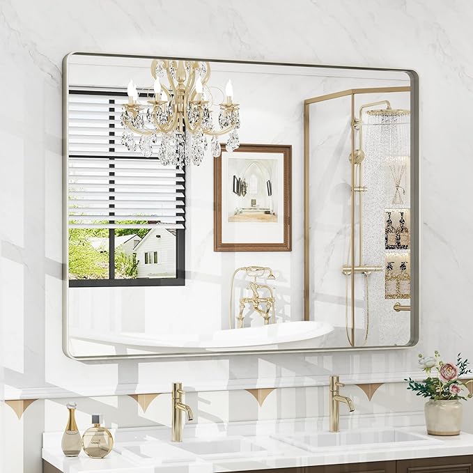 40x30 Inch Brushed Nickel Bathroom Mirror, Brushed Silver Metal Framed Wall Mirror, Rounded Corner Rectangle Modern Vanity Mirror, Tempered Glass, Anti-Rust, Shatterproof (Horizontal/Vertical)
