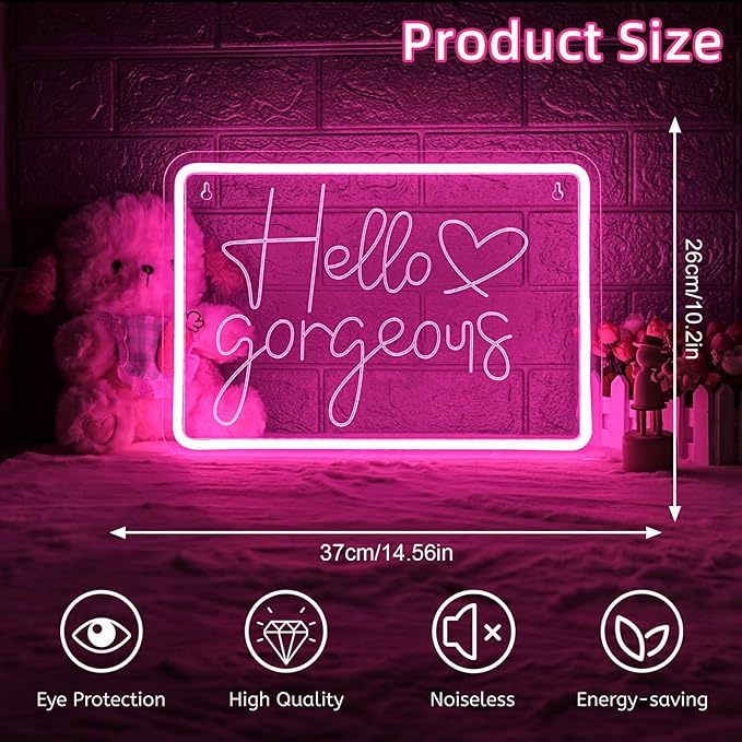 Lucunstar Hello Gorgeous Neon Sign,Led Sign,Pink Led Neon Light for Wall Decor,Neon Signs for Wall Decor,Light Sign for Wedding,Dimmable Switch USB with Neon Sign for Bedroom,Home Decor
