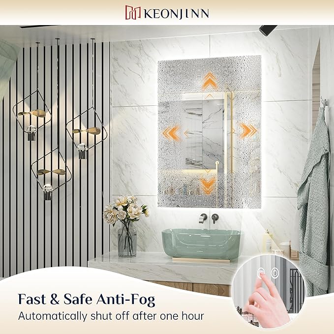 Keonjinn 55 x 30 Inch LED Bathroom Mirror with Backlit, Anti-Fog Vanity Mirror, CRI90+ HD Tempered Glass, Stepless Dimmable, High Lumen, UL Listed, IP44 Waterproof, Horizontal/Vertical