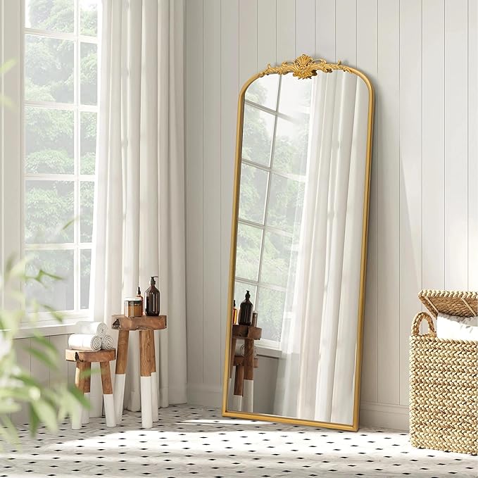Antique Full Length Mirror: 21"x56" Gleaming Gold Arched Full Body Mirror - Floor Vintage Baroque Traditional Ornate for Entryway/Cloakroom/Bedroom - Home Decor for Interior Designers