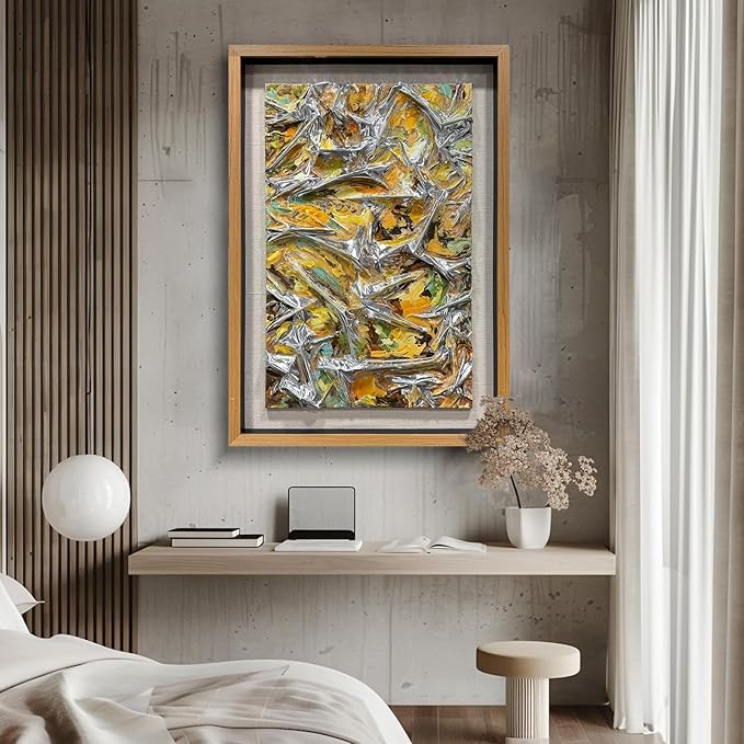 BrightA Textured silver leather abstract art - vibrant spray-painted fluid colors (yellow/orange/green) with solid wood frames, modern wall sculptures, contemporary living room 27.5"x 39.4"
