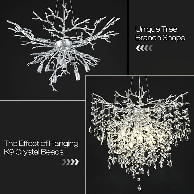 32 inch Crystal Chandelier for Dining Room, Round Silver Tree Branches Chandeliers, Top K9 Crystal Chandelier, Modern Chandeliers for Kitchen,Foyer Entryway,Luxury Adjustable Hanging Chandeliers
