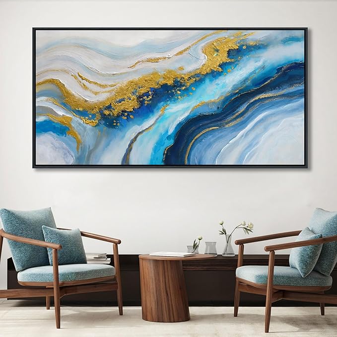 Blue Wall Art for Living Room - Abstract Canvas Wall Art, Modern Gold Painting, Office, Above Bed Wall Decor, Large Pictures for Bedroom Framed Artwork for Walls 29×58IN