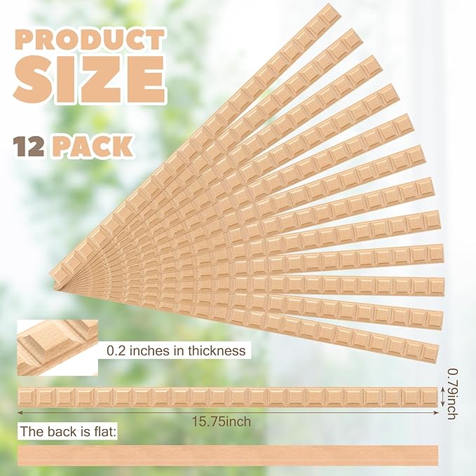 Nuanchu 12 Pcs Unfinished 3D Decorative Wood Trim Molding 15.75inch Decorative Wood Molding Cute DIY Trim for Home Wall Cabinet Shelf Window Door (Grid,20mm)