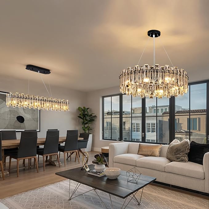 Modern Luxury K9 Crystal Chandelier 10-Lights Round Pendant Light Easy Install Ceiling Hanging Light Fixture for Dining Living Room Kitchen Island Entryway Foyer D31.5 Black