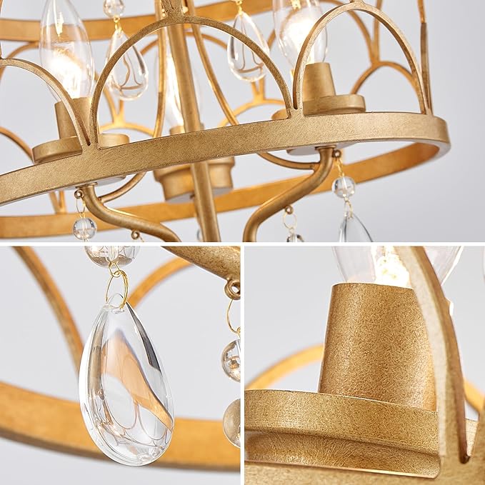 Crystal Ceiling Light Fixture, Modern Small Chandelier Light Fixture, Farmhouse Gold Semi Flush Mount Ceiling Light, Round Hallway Lighting Fixtures for Bedroom Entryway Closet Dining Room Living Room