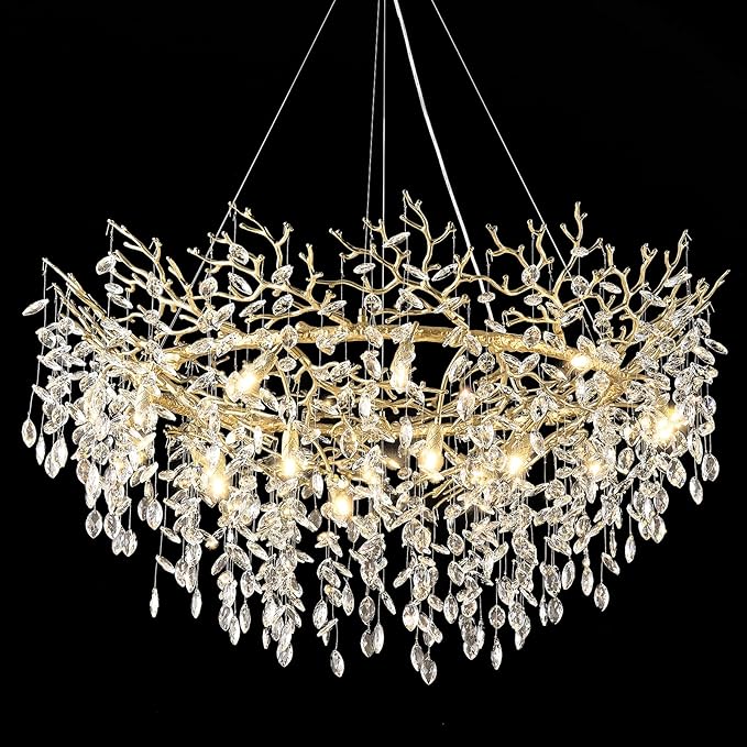 48 inch Crystal Chandelier for Dining Room, Round Gold Tree Branches Chandeliers, Top K9 Crystal Chandelier for Living Room, Modern Brass Chandeliers for Kitchen,Foyer Entryway