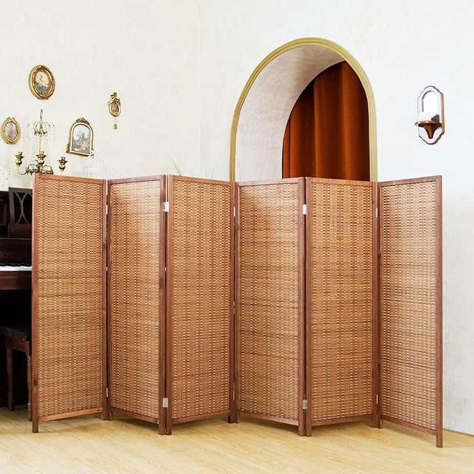 6 Panel Short Room Divider Folding Screen,47 inch Bamboo Panel Divider for Home Partition,Brown