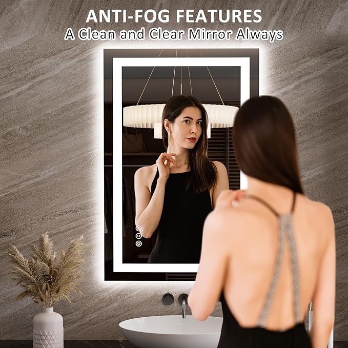 LOAAO 23.6"x35.4" LED Mirror for Bathroom, Lighted Bathroom Mirror with Lights, Anti-Fog, Dimmable, Memory Function, Easy to Install, Clear Reflection