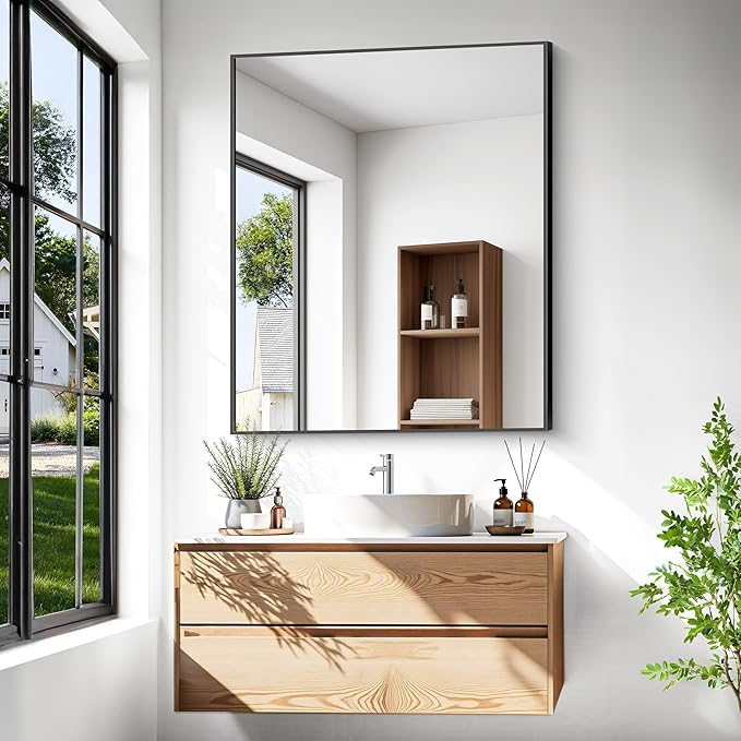 BONEWEI Bathroom Mirror,30x36 inch Wall Mirror for Bathroom Wall Mounted Black Rectangle Square Corner Mirrors, Black Bathroom Mirror for Living Room, Farmhouse, Bedroom Entryway, Horizontal/Vertical