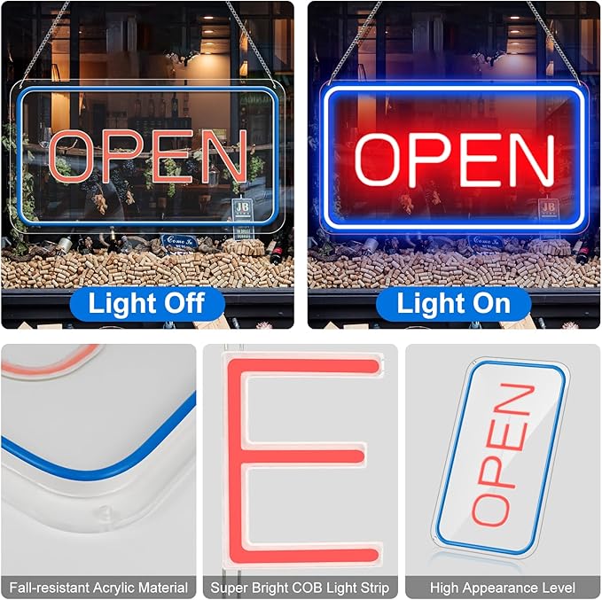 22.8"x 11.8" Ultra Bright 12V Neon Open Sign for Business, LED Open Neon Sign, Electric Light up Signs for Stores, Restaurants Offices Retail Shops Window(Blue-Red-Horizontal)