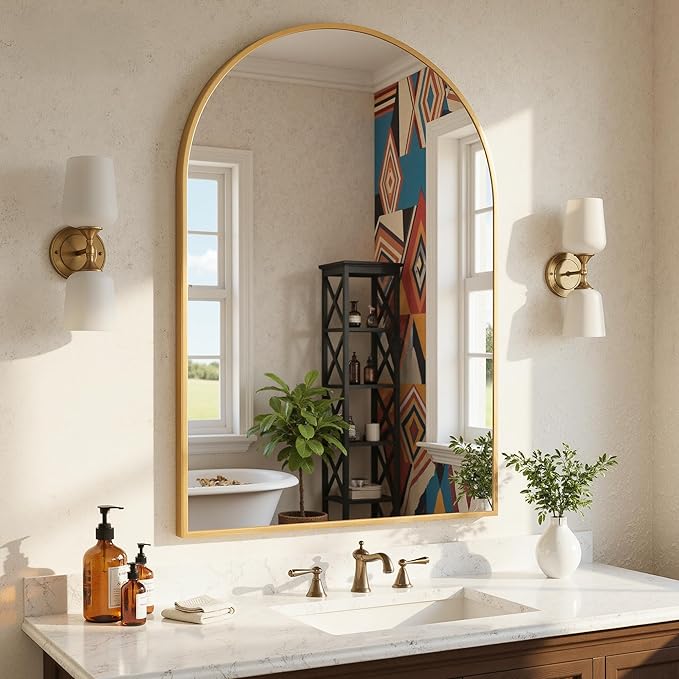 Antok Wall Mirror, 20"x30" Bathroom Vanity Mirror, Anti-Rust HD Tempered Glass, Wall Mounted Mirrors for Living Room, Entryway, Gold Frame, Arched