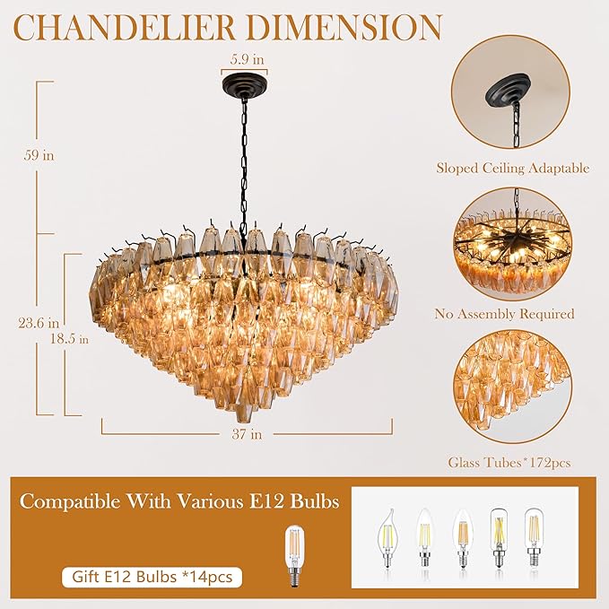 Large Chandelier, 37" Smoke Glass Chandelier for Living Room, 14-Light Round Drum Kitchen Island Hanging Light Fixture Perfect for Dining Room, Bedroom,Kitchen, Foyer- Black