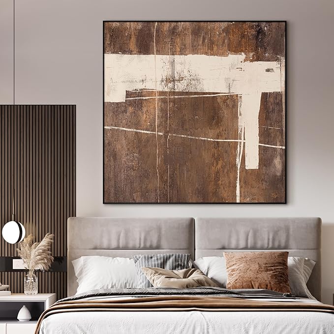 46"x46" XL Framed Wall Art - Rustic Brown and Beige Modern Design (Frame Assembly Required)