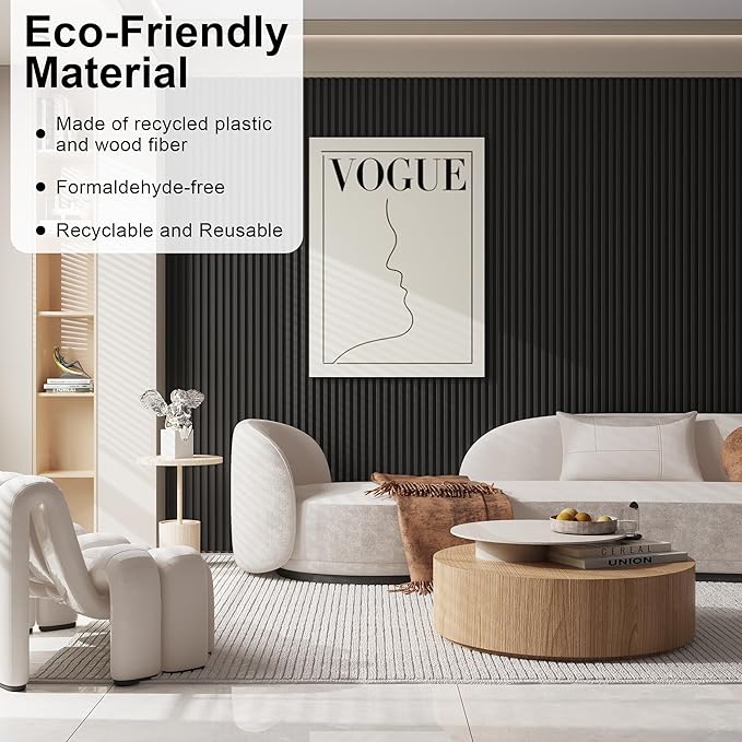 8-Pack WPC Slat Wall Panels - 3D Wall Panels, Water-Proof and Easy Installation, Accent Slat Wall Paneling for Living Room, Office,Black, 96 x 6.6 Inch