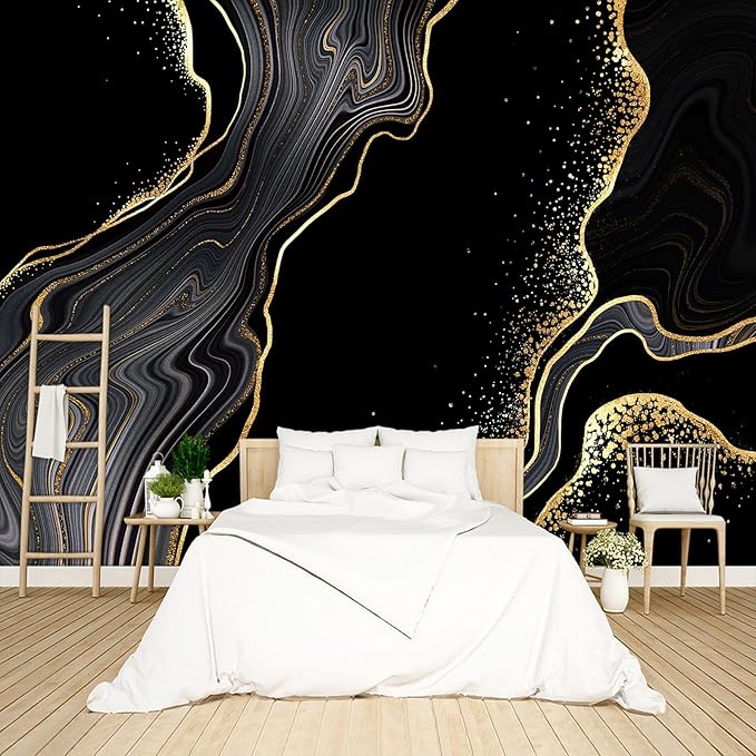 Black and Gold Marble Wallpaper Peel and Stick Wall Mural for Bedroom Living Room - 58"x86"