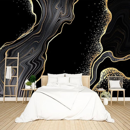 Black and Gold Marble Wallpaper Peel and Stick Wall Mural for Bedroom Living Room - 58"x86"