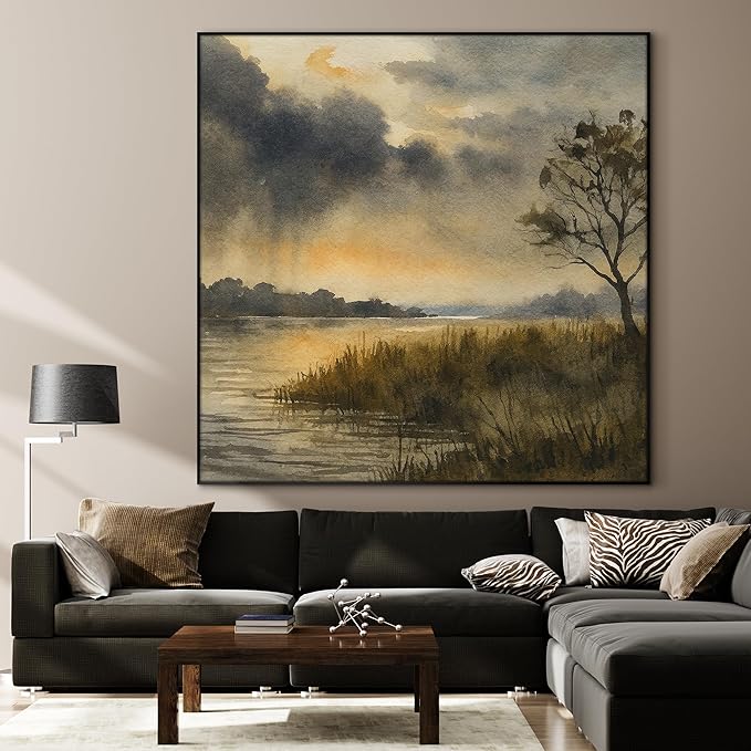72"x72" XL Framed Wall Art - Golden Dusk River Landscape Watercolor Nature Scene (Frame Assembly Required)