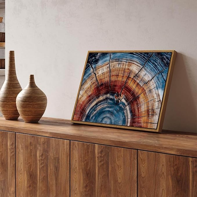 BingruiArt Framed Tree Ring Wall Art Wood Canvas Colorful Boho Wall Decor Rustic Artwork Abstract Painting Farmhouse Picture Nature Print for Living Room Bedroom Bathroom 12"x16" Natural Framed(01)