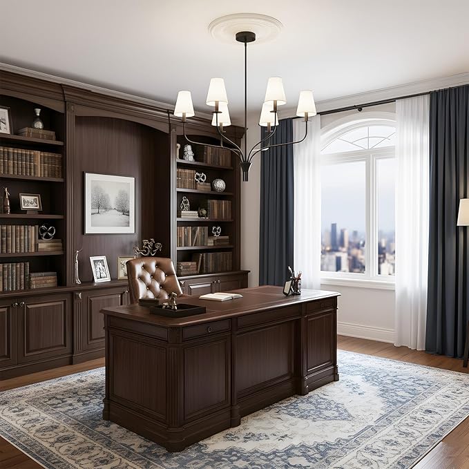 30" Modern Black Chandelier for Dining Room - 6-Light Pendant Lighting Fixture with White Fabric Shade, Mid Century Ceiling Light for Living Room Bedroom Kitchen Island, E12