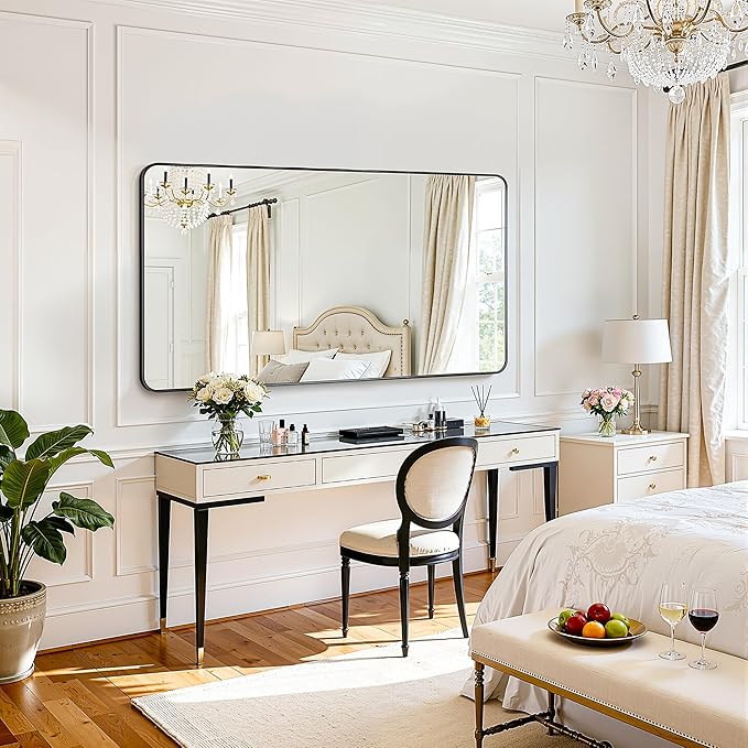 Antok Wall Mirror, 30"x55" Bathroom Vanity Mirror, Anti-Rust HD Tempered Glass, Wall Mounted Mirrors for Living Room, Entryway, Black Frame, Rect