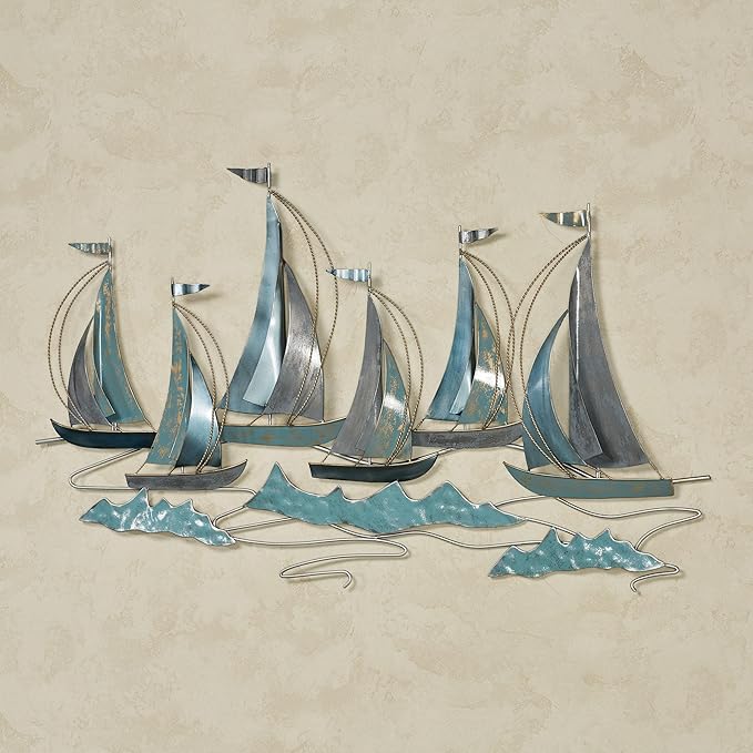 Afternoon Regatta Sailboat Wall Sculpture | Dimensional Nautical Sail Boat Coastal Metal Wall Art Decor | Sailboats Ocean Sea Waves Sailing Ship | Large 43 Inches Maritime Sail Boats Ships Sculpture