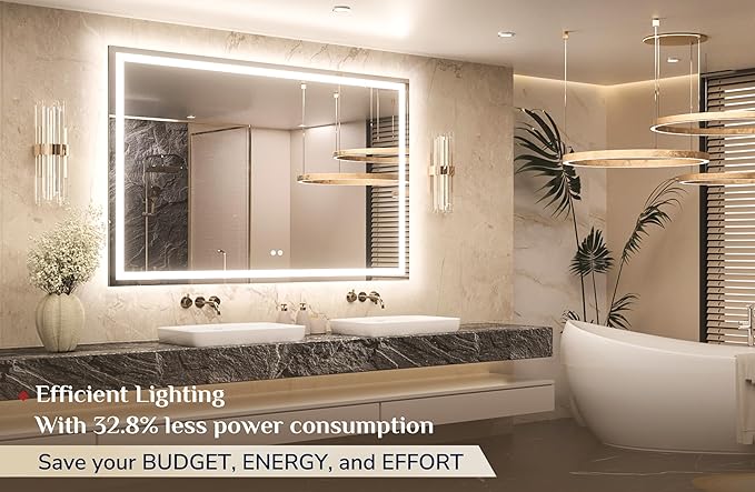 Keonjinn 60" x 40" Lighted Mirror for Bathroom Wall, LED Mirror with Frontlit & Backlit, Large Bathroom Mirror with Lights, Dimmable 3-Color Lights, HD Tempered Glass, UL-Listed LED Driver