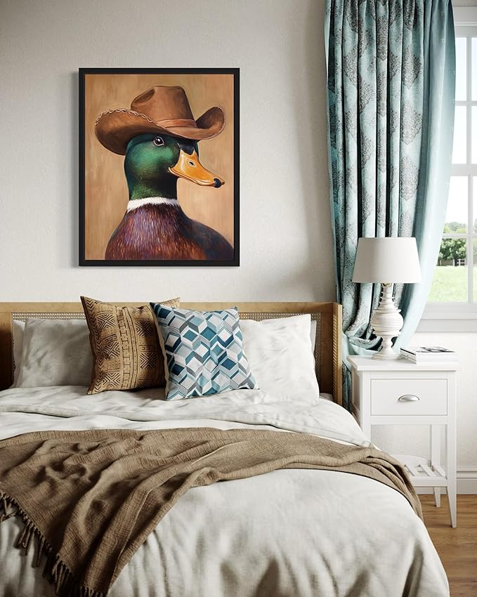 Mallard Duck Cowboy Art Print Poster Wall Art, Western Country Farmhouse Wild West for Bedroom, Bathroom, Living Room Art Decor 58 (Mallard Duck, 8 x 10 inches, Black Frame)