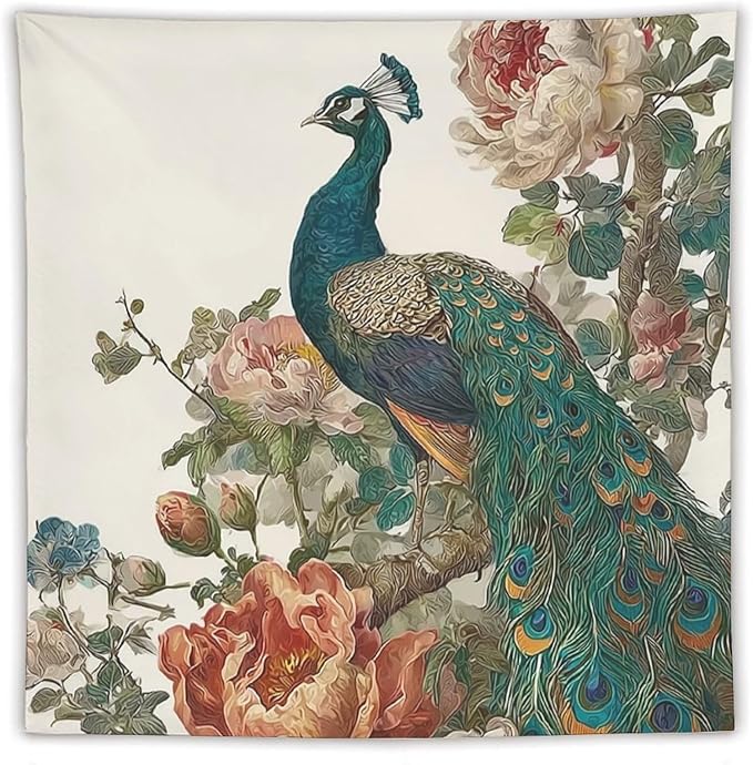 UUKXKUU Peacock Oriental Retro Blooming Flowers Tree Tapestry Flag Backdrop Wall Hanging Large Wall Art Decor for Dorm Office Bedroom Living Room 60"×60"