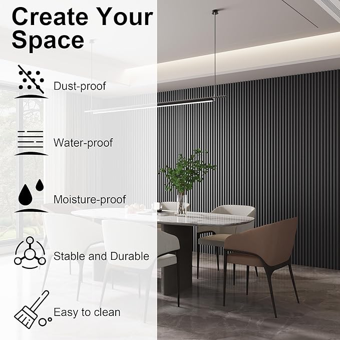 8-Pack WPC Slat Wall Panels - 3D Wall Panels, Water-Proof and Easy Installation, Accent Slat Wall Paneling for Living Room, Office,Black, 96 x 6.6 Inch