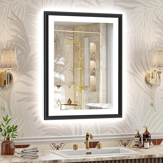 22x30 Black Framed Led Bathroom Mirror with Lights, Front Lit and Backlit, Lighted Vanity Mirror for Bathroom Wall, Anti-Fog, Dimmable, 3 Colors, Memory, HD Tempered Glass