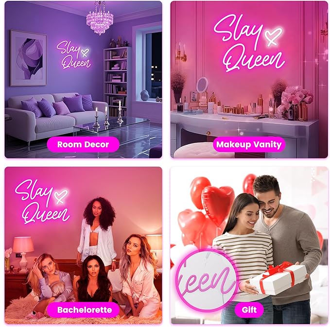 Kavaas Slay Queen Neon Signs 15.3" x 12.6", Pink LED Light Up Signs for Wall Decor | Slay Queen Sign for Girls Bedroom, Bar, Office, Dorms