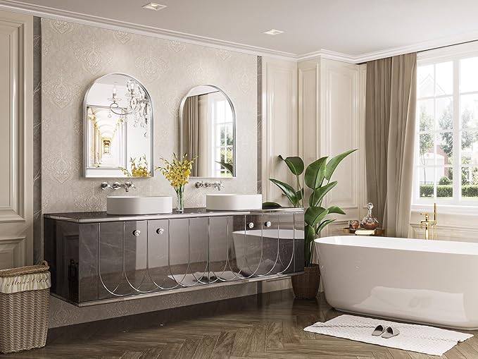 Brightify Arched Wall Mirror - 22 x 30 Inch Metal Frame Silver Arch Top Vanity Mirror for Bathroom, Living Room, Bedroom Mantel Entryway Hallways