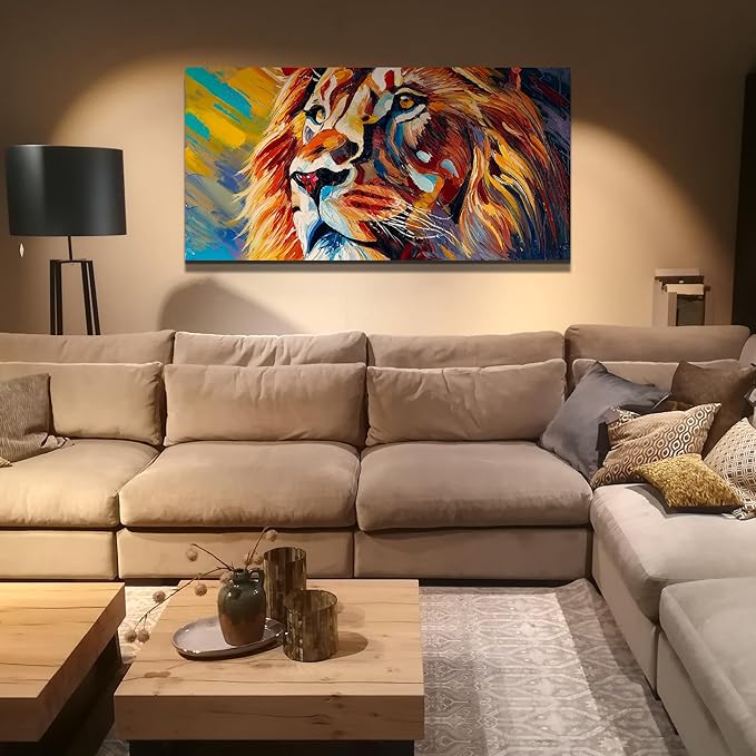 AmoyArt Large Lion Wall Art for Living Room, Animal Canvas Wall-Decor for Bedroom, Colorful Print Picture for Home, Size 58x29 Inches
