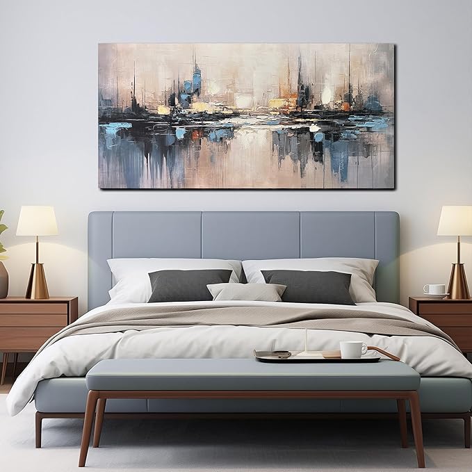 Large Abstract Canvas Wall Art for Living Room Blue Pictures Wall Decor for Bedroom Vintage City Home Office Decor 29 x 58 inches