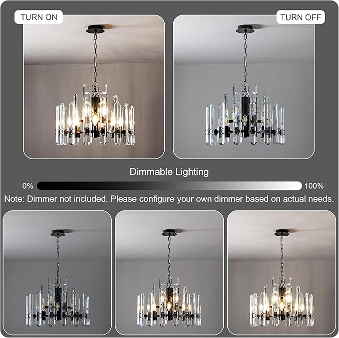 24" Black Chandelier, 12-Light Round Modern Crystal Chandelier for Dining Room, Luxury Adjustable Chain Chandeliers Pendant Light Fixture for Living Room, Bedroom, Foyer, Entryway, Kitchen