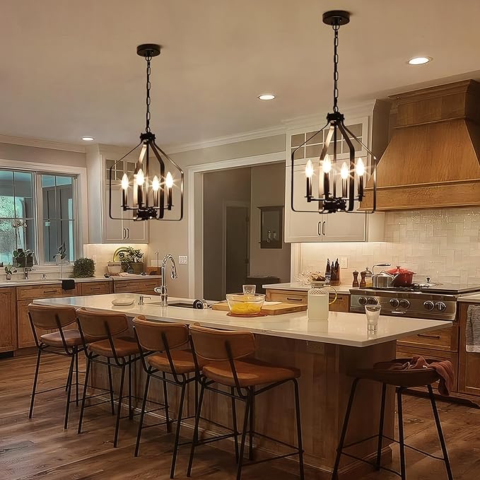 4-Light Black Farmhouse Chandelier, Geometric Industrial Cage Pendant Light, Adjustable Rustic Fixture for Dining Room, Kitchen Island, Entryway & Bedroom